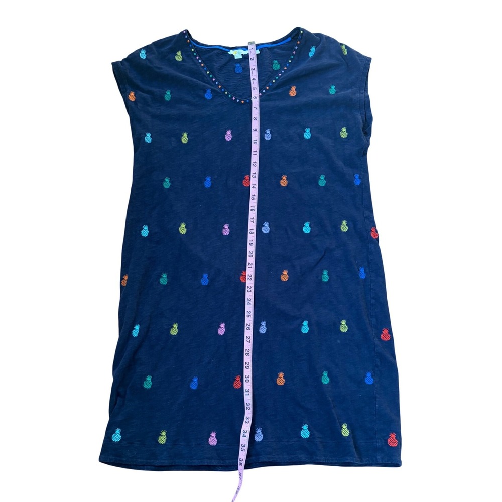 Boden Navy Blue Rainbow Pineapple Embroidered Cotton V-Neck Shift Dress Sz 14L - Picture 6 of 9